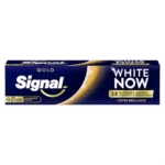 Boîte rectangulaire de dentifrice Signal White Now Gold, avec un motif bleu foncé et or et un texte soulignant "3X Plus Blanc" et "Extra Brillance" en français et en anglais. Dakar