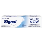 Une boîte de dentifrice Signal Sensitive White Now, à dominante blanche avec des accents bleus, dont le texte souligne "3X Plus Blanc Instantanément" et revendique un soulagement instantané de la sensibilité en 30 secondes. Dakar