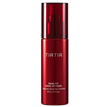 Un flacon rouge de Tirtir Mask Fit Fixateur de Maquillage Waterproof et Anti Transpiration 80 ml avec un bouchon transparent et un texte blanc se tient debout sur un fond blanc. Dakar