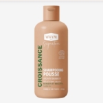 Un flacon beige de Shampooing Pousse Signature WAAM avec texte vert et blanc, au romarin et à la roquette, 230ml, labellisé bio et fabriqué en France. Dakar