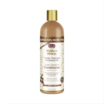 Une bouteille d'African Pride Moisture Miracle Conditioner avec du miel, du chocolat et de l'huile de noix de coco, étiquetée pour la réparation et la reconstitution. La bouteille est dorée et beige avec un bouchon marron et porte la mention "Bonus 30% More Free". Dakar