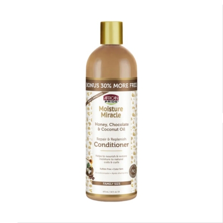 Une bouteille d'African Pride Moisture Miracle Conditioner avec du miel, du chocolat et de l'huile de noix de coco, étiquetée pour la réparation et la reconstitution. La bouteille est dorée et beige avec un bouchon marron et porte la mention "Bonus 30% More Free". Dakar