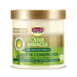 Un pot d'African Pride Olive Miracle Leave-In Conditioner, avec un couvercle doré et une étiquette verte contenant des informations sur le produit. L'étiquette met en évidence la "formule anti-casse" et mentionne l'absence de sulfates, d'huiles minérales, de parabènes et de gluten. Dakar