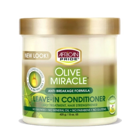 Un pot d'African Pride Olive Miracle Leave-In Conditioner, avec un couvercle doré et une étiquette verte contenant des informations sur le produit. L'étiquette met en évidence la "formule anti-casse" et mentionne l'absence de sulfates, d'huiles minérales, de parabènes et de gluten. Dakar