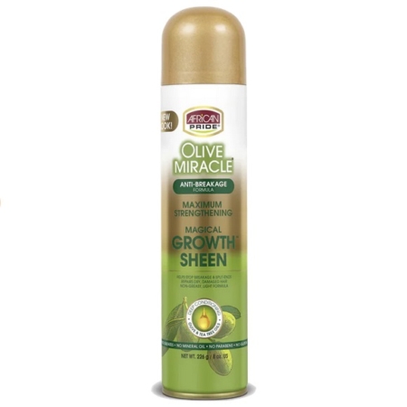 Une grande boîte cylindrique de spray African Pride Olive Miracle Growth Sheen avec un bouchon doré, une étiquette verte et blanche et un texte soulignant les avantages de l'anti-casse, du renforcement maximal et de la croissance magique. Dakar