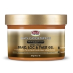 Un pot de Black Castor Miracle Braid, Loc & Twist Gel, étiqueté "Extra Hold" pour la protection de la croissance. L'emballage souligne l'absence de parabènes, de sulfates, d'huile minérale et de pétrolatum. Dakar