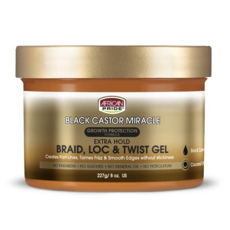 Un pot de Black Castor Miracle Braid, Loc & Twist Gel, étiqueté "Extra Hold" pour la protection de la croissance. L'emballage souligne l'absence de parabènes, de sulfates, d'huile minérale et de pétrolatum. Dakar