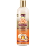 Une bouteille d'African Pride Shea Miracle Moisturizing Milk pour cheveux naturels, avec un étiquetage orange et or et des images de beurre de karité et d'une noix de karité craquelée sur le devant. La bouteille contient 355 ml (12 fl oz). Dakar