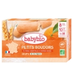 Une boîte de BaybiBio Biscuits Bébé Petits Boudoirs à l'Huile Essentielle d'Orange Douce (24 boudoirs), fabriqués en France pour les bébés à partir de 8 mois, sans huile de palme. L'emballage présente des biscuits, du blé et une tranche d'orange. Dakar