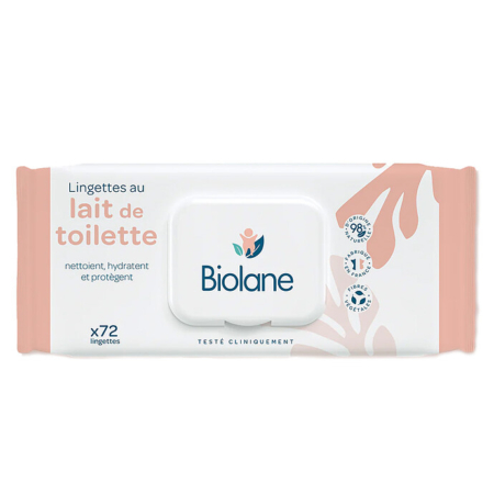 Un paquet de lingettes au lait de toilette Biolane avec un motif blanc et pêche. L'étiquette indique "Lingettes au lait de toilette" et "Biolane". Le paquet contient 72 lingettes et comporte des icônes indiquant les avantages du produit. Dakar