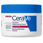 Un pot blanc et bleu de CeraVe Baume Hydratant Intensif Peau Sèche Anti Démangeaisons, 340g, comporte un texte en anglais et en français mettant en avant les céramides, l'urée, et ses bienfaits pour les peaux très sèches ou sujettes aux démangeaisons. Dakar