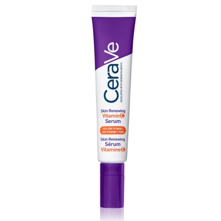 Le tube de 30 ml de Cerave Sérum Illuminateur à la Vitamine C Skin Renewing est doté d'un bouchon violet, d'un emballage violet et blanc et met en évidence sa teneur en vitamine C pure de 10 % sur l'étiquette. Dakar