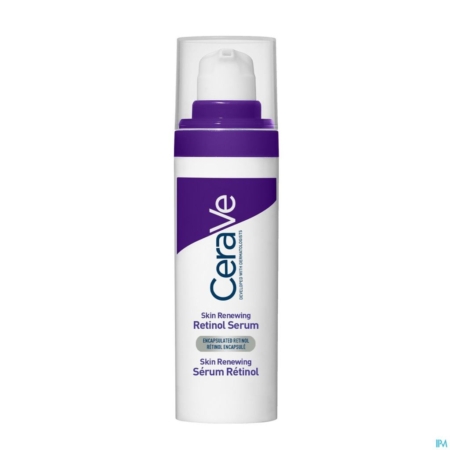 Cerave Sérum Régénérateur Éclat Anti Age au Rétinol Encapsulé 30ml se présente dans un flacon blanc avec une étiquette et une pompe violettes, conçu pour un soin efficace du visage. Dakar