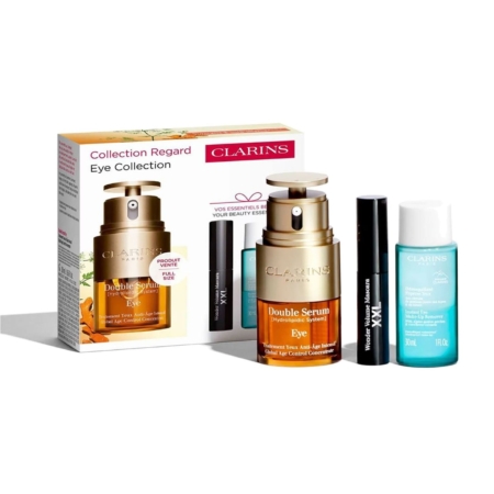 Un coffret Clarins Eye Collection comprenant le Double Sérum Eye, un mascara, un démaquillant pour les yeux, et la boîte d'emballage du produit présentant des images et des marques. Dakar