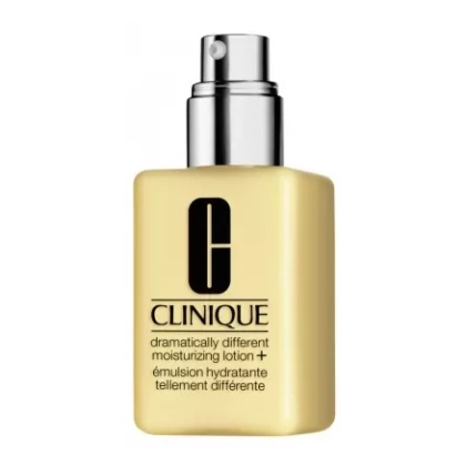 Flacon jaune de la lotion hydratante Clinique Dramatically Different Moisturizing Lotion+ avec un distributeur à pompe argenté, avec un texte noir et le logo Clinique sur le devant. Dakar