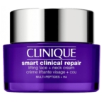 Un pot violet de Clinique Smart Clinical Repair™ Crème Liftante Visage + Cou avec un couvercle argenté. L'étiquette mentionne sa formule à base de multi-peptides et d'AH, conçue pour le visage et le cou. Dakar