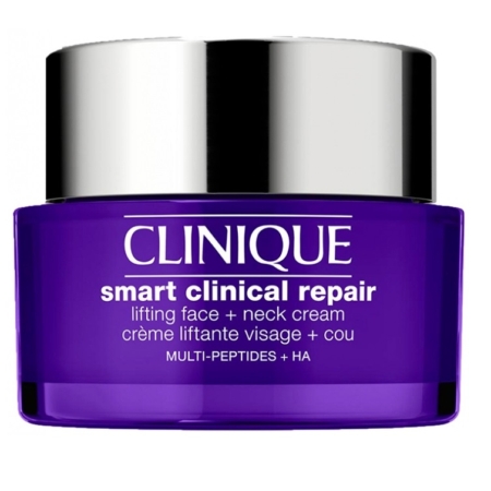 Un pot violet de Clinique Smart Clinical Repair™ Crème Liftante Visage + Cou avec un couvercle argenté. L'étiquette mentionne sa formule à base de multi-peptides et d'AH, conçue pour le visage et le cou. Dakar