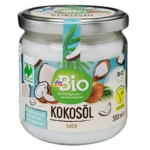 Un pot en verre contenant de l'huile de coco biologique dmBio avec un couvercle argenté, avec des images de noix de coco et de feuilles vertes sur l'étiquette. L'étiquette porte la mention "Kokosöl nativ", ainsi que les logos des certifications végétalienne et biologique. Dakar