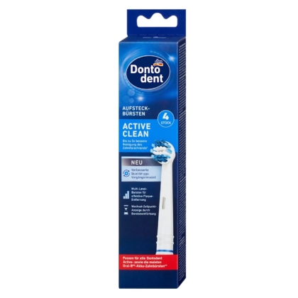 Boîte bleue et blanche de têtes de brosse à dents de rechange Dontodent Active Clean, montrant une tête de brosse sur le devant, étiquetée en allemand et en anglais, avec les caractéristiques et les détails de compatibilité sur l'emballage. Dakar