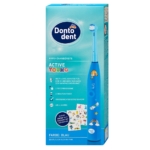 Boîte de brosse à dents électrique Dontodent Active Young en bleu pour les enfants de 4 ans et plus, avec un design adapté aux enfants, des autocollants, des poils à plusieurs niveaux, 2 programmes de nettoyage et une minuterie de 2 minutes. Dakar