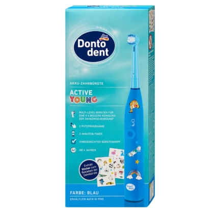 Boîte de brosse à dents électrique Dontodent Active Young en bleu pour les enfants de 4 ans et plus, avec un design adapté aux enfants, des autocollants, des poils à plusieurs niveaux, 2 programmes de nettoyage et une minuterie de 2 minutes. Dakar