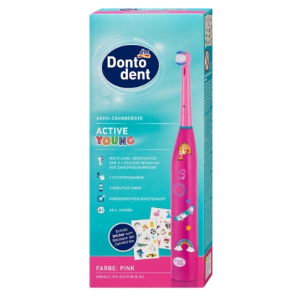Boîte de brosses à dents électriques Dontodent Active Young en rose, avec des motifs et des autocollants adaptés aux enfants. L'emballage met en évidence les principales caractéristiques et convient aux enfants de 4 ans et plus. Dakar