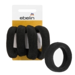 Quatre Ebelin Élastiques à Cheveux Noirs, lot de 4 pièces, sont présentées sur une carte brune et blanche portant la marque Ebelin, avec une attache à cheveux présentée séparément sur le devant pour mettre l'accent. Dakar