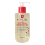 Un flacon pompe en plastique transparent de l'huile démaquillante Erborian Centella, étiqueté avec un texte rouge et or, contenant 180 ml (6 fl. oz) d'huile démaquillante pour peaux sensibles. Dakar