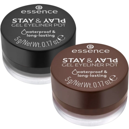 Deux petits pots ronds d'Eyeliner Gel Essence Stay & Play, l'un en noir et l'autre en marron. Chaque pot est étiqueté comme étant résistant à l'eau et de longue durée, et contient 5 g (0,17 oz) de produit. Dakar