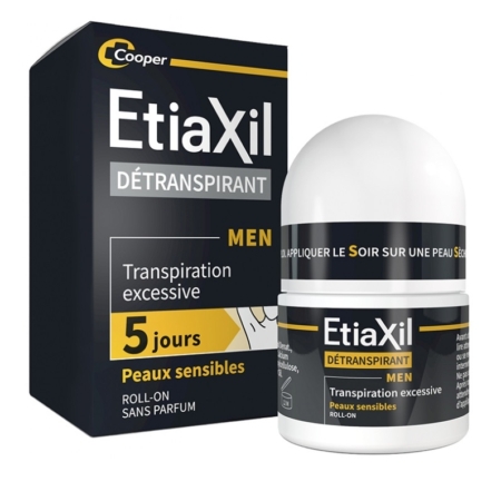 Un flacon et une boîte d'Etiaxil Detranspirant Men roll-on pour peau sensible. L'emballage est principalement noir, blanc et jaune et mentionne une protection contre la transpiration excessive pendant 5 jours. Dakar