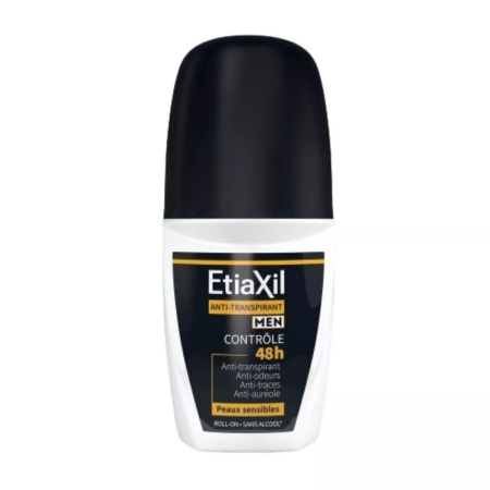 Etiaxil Men Déodorant Anti Transpirant Contrôle 48h Peau Sensible 50ml offre à la peau sensible une protection de 48 heures contre la sueur, les odeurs et les traces. Il se présente dans un flacon blanc avec un bouchon noir et une étiquette bleue, jaune et noire. Dakar