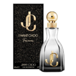 Un flacon d'Eau de Parfum Jimmy Choo "I Want Choo Forever" est présenté à côté de sa boîte noire et dorée pailletée. Le flacon est transparent avec un bouchon doré et le logo JC doré. L'emballage présente les détails du parfum et la marque. Dakar