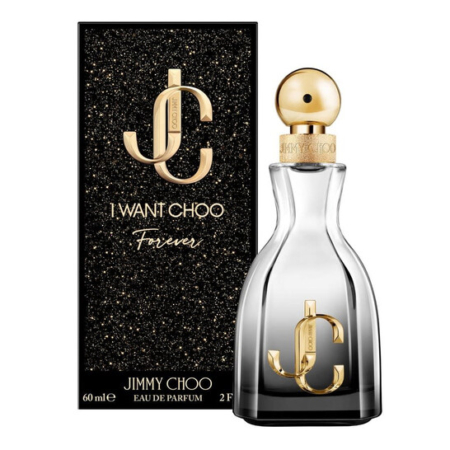 Un flacon d'Eau de Parfum Jimmy Choo "I Want Choo Forever" est présenté à côté de sa boîte noire et dorée pailletée. Le flacon est transparent avec un bouchon doré et le logo JC doré. L'emballage présente les détails du parfum et la marque. Dakar