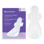 Une boîte de Serviettes Maternité Post Accouchement Taille L Très Absorbantes avec Ailettes (10 pièces) dans un emballage violet et blanc est présentée à côté d'une serviette simple. La boîte affiche les détails du produit en plusieurs langues. Dakar