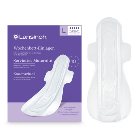 Une boîte de Serviettes Maternité Post Accouchement Taille L Très Absorbantes avec Ailettes (10 pièces) dans un emballage violet et blanc est présentée à côté d'une serviette simple. La boîte affiche les détails du produit en plusieurs langues. Dakar