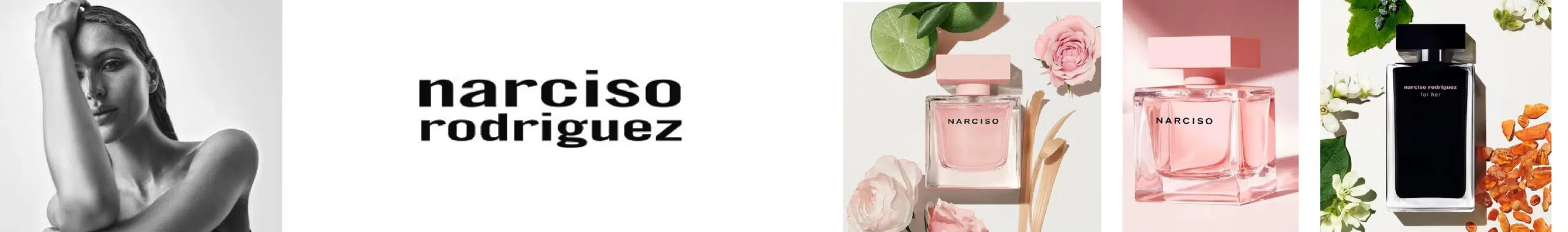 Un portrait de femme en noir et blanc, le texte "narciso rodriguez" et trois flacons de parfum entourés de fleurs, présentant les différents parfums Narciso Rodriguez disponibles chez Univers Cosmetix. Dakar