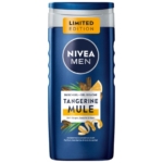 Un flacon bleu de gel douche Nivea Men Tangerine Mule 3 en 1, étiqueté comme une édition limitée, avec des images de tranches de mandarine et d'épices sur la face avant. Dakar