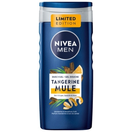 Un flacon bleu de gel douche Nivea Men Tangerine Mule 3 en 1, étiqueté comme une édition limitée, avec des images de tranches de mandarine et d'épices sur la face avant. Dakar