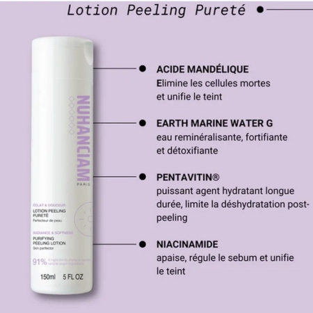 Un flacon de produit étiqueté "Nuhanciam Lotion Peeling Pureté" est présenté à côté d'une liste d'ingrédients clés et de leurs avantages, notamment l'acide mandélique, l'eau de mer, le Pentavitin et le niacinamide sur un fond violet. Dakar