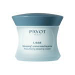 Un pot bleu clair de Payot Paris Lisse Resurfacing Sleeping Cream avec un couvercle bleu plus foncé, représenté sur un fond blanc. L'étiquette du produit est visible sur le devant du pot. Dakar