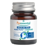 Un flacon en verre brun étiqueté "Puressentiel Maux de Tête Migra Pure Comprimés" avec un couvercle blanc, comportant des graphiques et du texte bleu et vert, indiquant qu'il contient des extraits concentrés de plantes et d'huiles essentielles pour soulager les maux de tête. Dakar