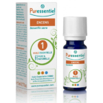 Un flacon bleu de Puressentiel Huile Essentielle Encens 5ml se trouve à côté de sa boîte, qui comporte des accents verts, orange et bleus et souligne "100% pure & naturelle". Dakar