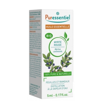 Une boîte blanche de Puressentiel Huile Essentielle Myrte Bio 5 ml présente des feuilles et des baies vertes, avec la mention "100% pure & natural" en français et en anglais. Dakar