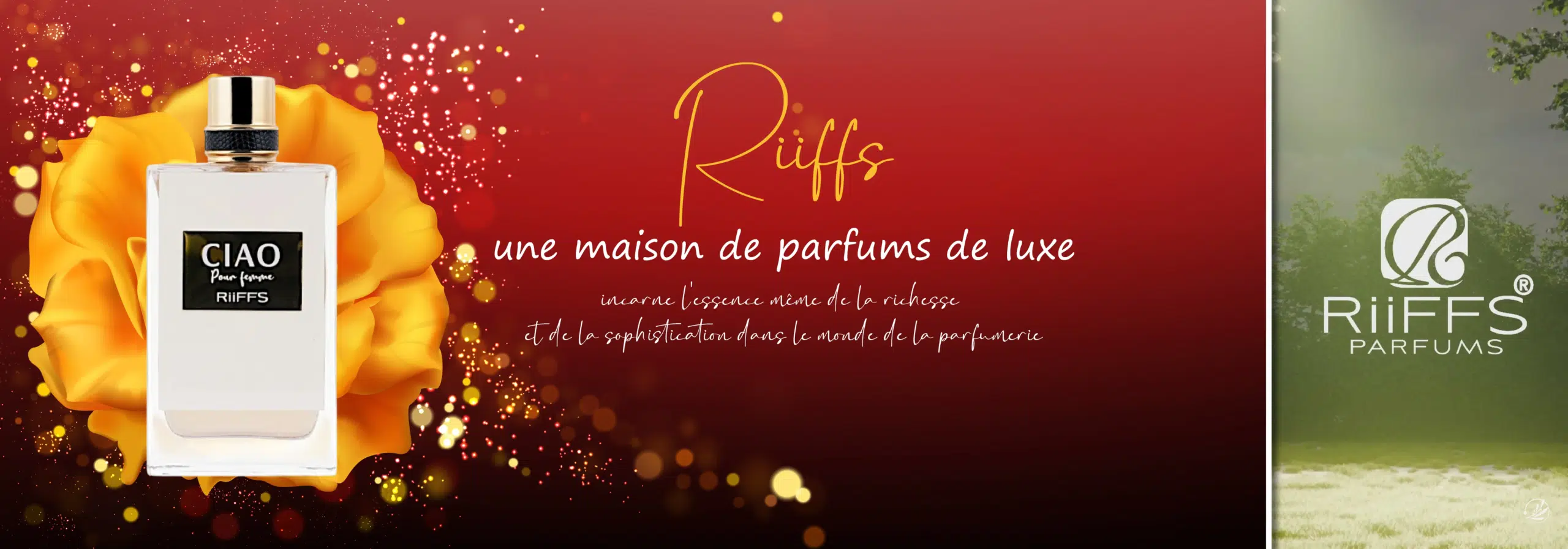 Un flacon de parfum Ciao by RiiFFS est présenté sur un fond floral rouge et or vibrant, avec un texte en français faisant la promotion de RiiFFS en tant que maison de parfums de luxe. Le logo d'Univers Cosmetix apparaît sur un panneau vert à droite. Dakar