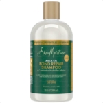 Une bouteille de SheaMoisture Amla Oil Bond Repair Shampoo, infusion HydroPlex réparatrice, 13 fl oz (384 ml), avec bouchon doré et étiquette verte indiquant "sans sulfate, sans colorant, scientifiquement prouvé". Dakar