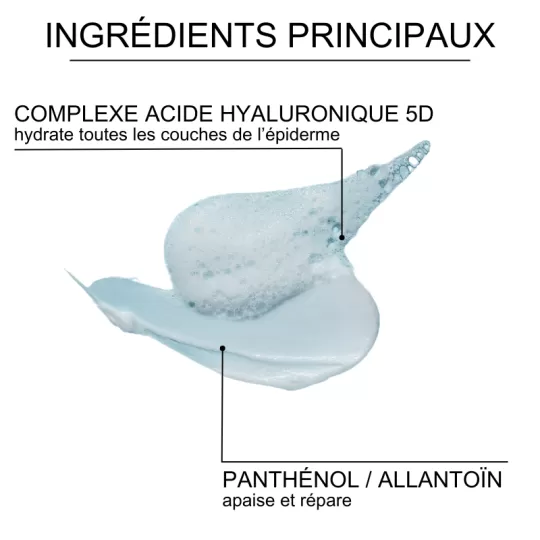 Un frottis de gel bleu translucide sur fond blanc met en valeur la Mousse Nettoyante à l'Acide Hyaluronique 150ml de Torriden Dive In, étiquetée "Complexe Acide Hyaluronique 5D" (hydrate toutes les couches de la peau) et "Panthénol / Allantoïn" (apaise, répare). Dakar