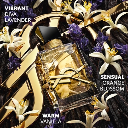 Un flacon de parfum portant le logo YSL en or est entouré de fleurs blanches et violettes. Le texte de l'image souligne "Vibrant Diva Lavender", "Sensual Orange Blossom" et "Warm Vanilla". Dakar