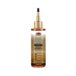 Un flacon d'African Pride Black Castor Miracle Hair & Scalp Sealing Oil avec un embout applicateur pointu, une étiquette dorée et brune, et les détails du produit écrits sur le devant. Dakar
