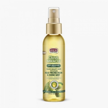 Un flacon pulvérisateur transparent d'African Pride Olive Miracle Heat Protection & Shine Mist avec un bouchon doré et une étiquette verte, comportant des graphiques d'olives et un texte soulignant les avantages de l'anti-casse et des soins de qualité salon. Dakar