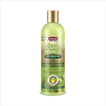 Une bouteille de shampooing 2-en-1 African Pride Olive Miracle avec une étiquette verte et dorée. Le flacon met en avant sa formule anti-casse et ses bienfaits hydratants et démêlants. Dakar